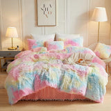 Luxury Fluffy Faux Fur Duvet Cover Set, Tie Dye Plush Fuzzy Duvet Cover Set(1 Print Shaggy Comforter Cover+2 Furry Pillow Shams)