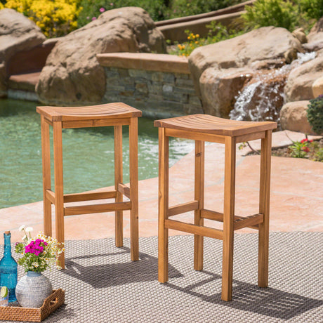 Caribbean Outdoor 30" Acacia Wood Barstools, 2-Pcs Set, Natural Stained