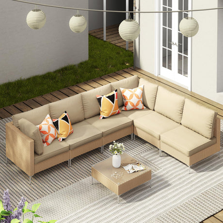 7 Pieces Wicker Patio Furniture Set, Outdoor Conversation Set Sectional Sofas