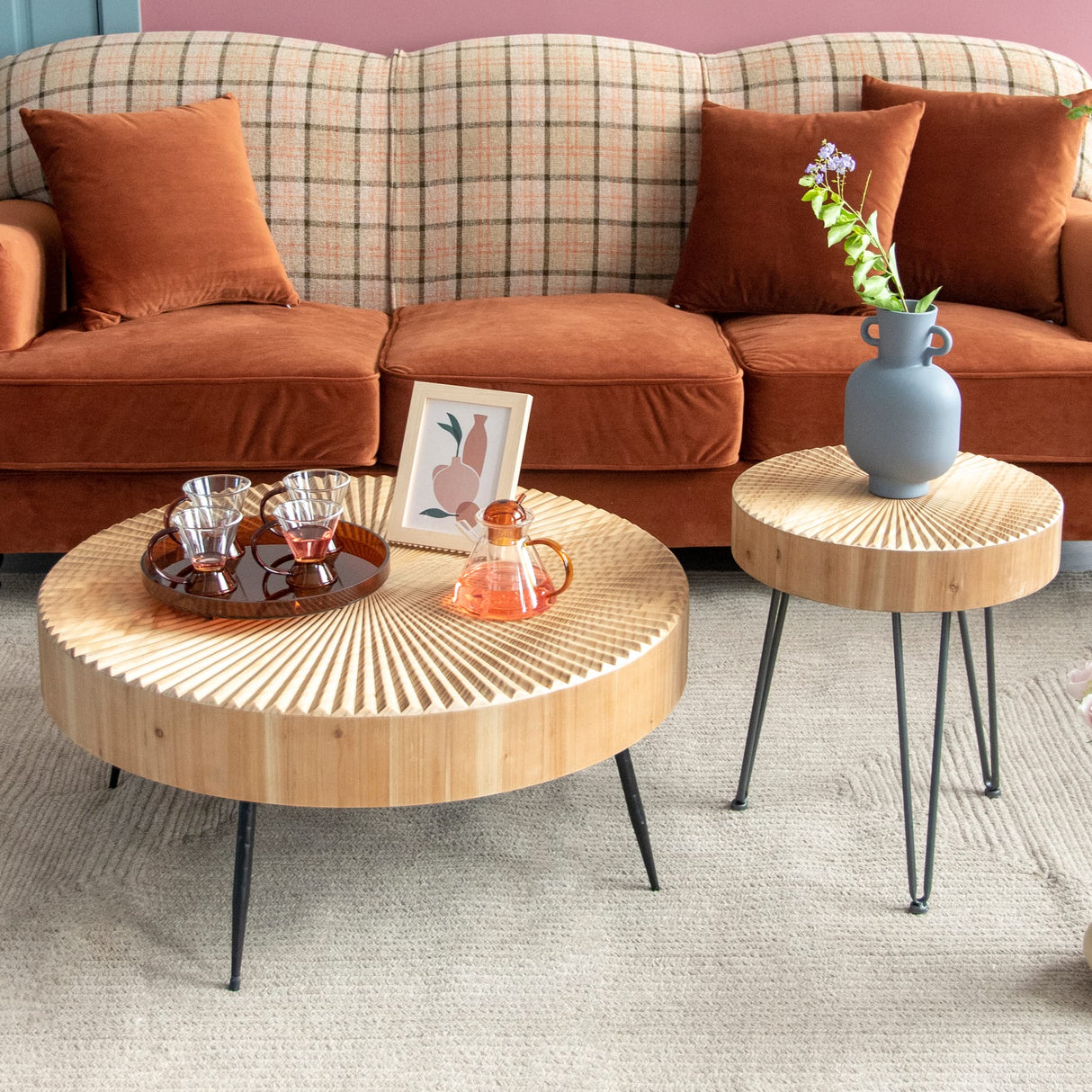 2-Piece Modern Farmhouse Living Room Coffee Table Set, Nesting Table Round