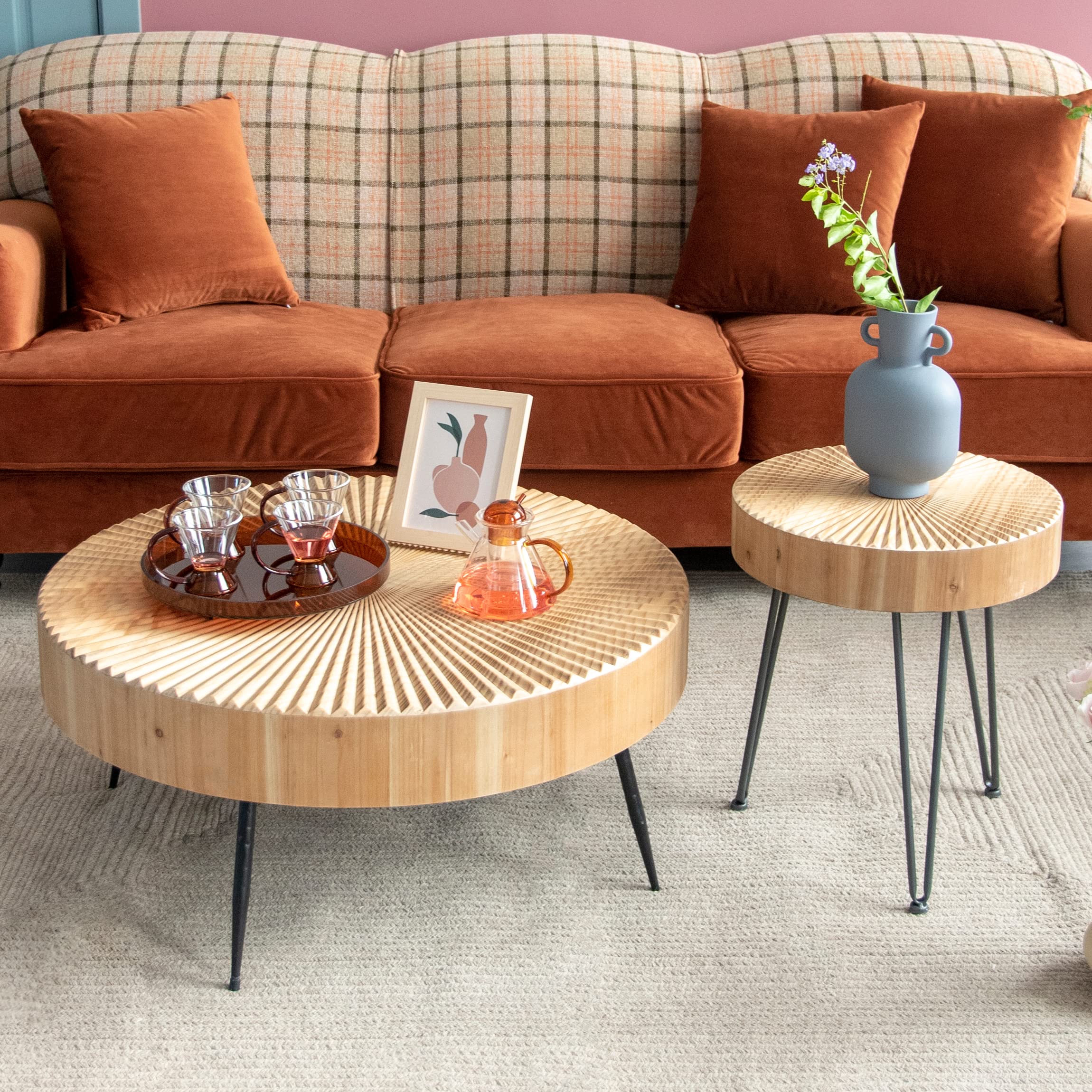 2-Piece Modern Farmhouse Living Room Coffee Table Set, Nesting Table Round