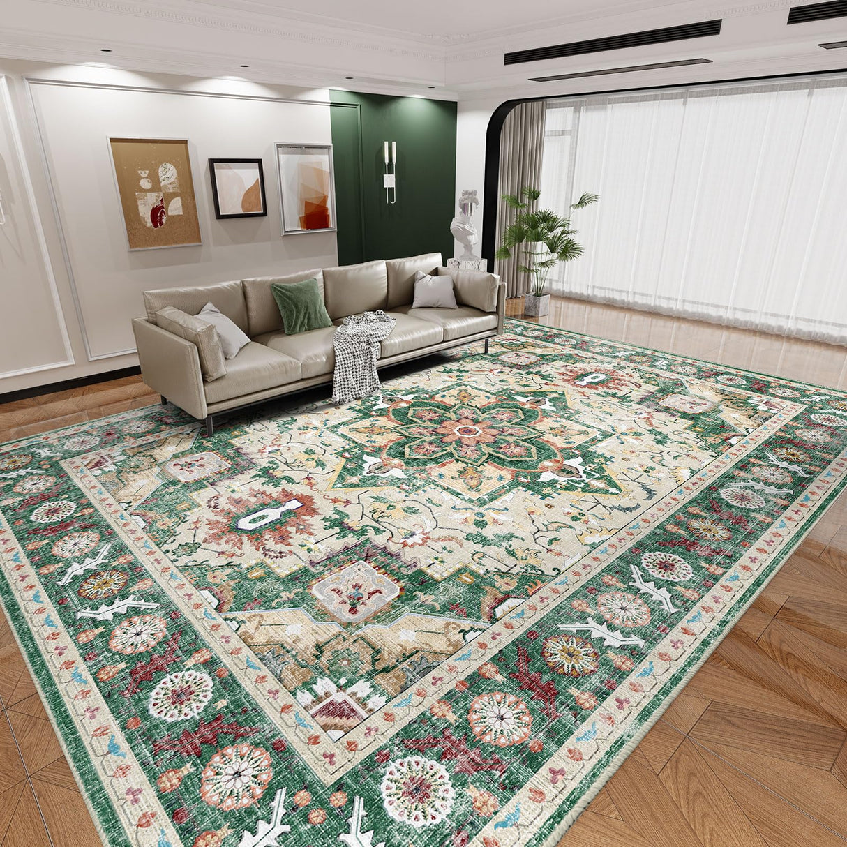 Washable Area Rug 5'x7' - Green Vintage Area Rugs for Living Room, Bedroom, Office,