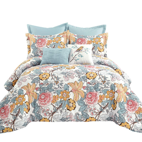 Sydney Comforter Set - Charming & Colorful Floral Leaf Design - 7 Piece Elegant Botanical