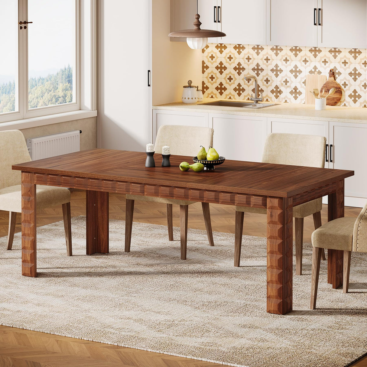 Dining Table for 6-8, 70.87-Inch Farmhouse Kitchen Table, Large Wood Dining Room