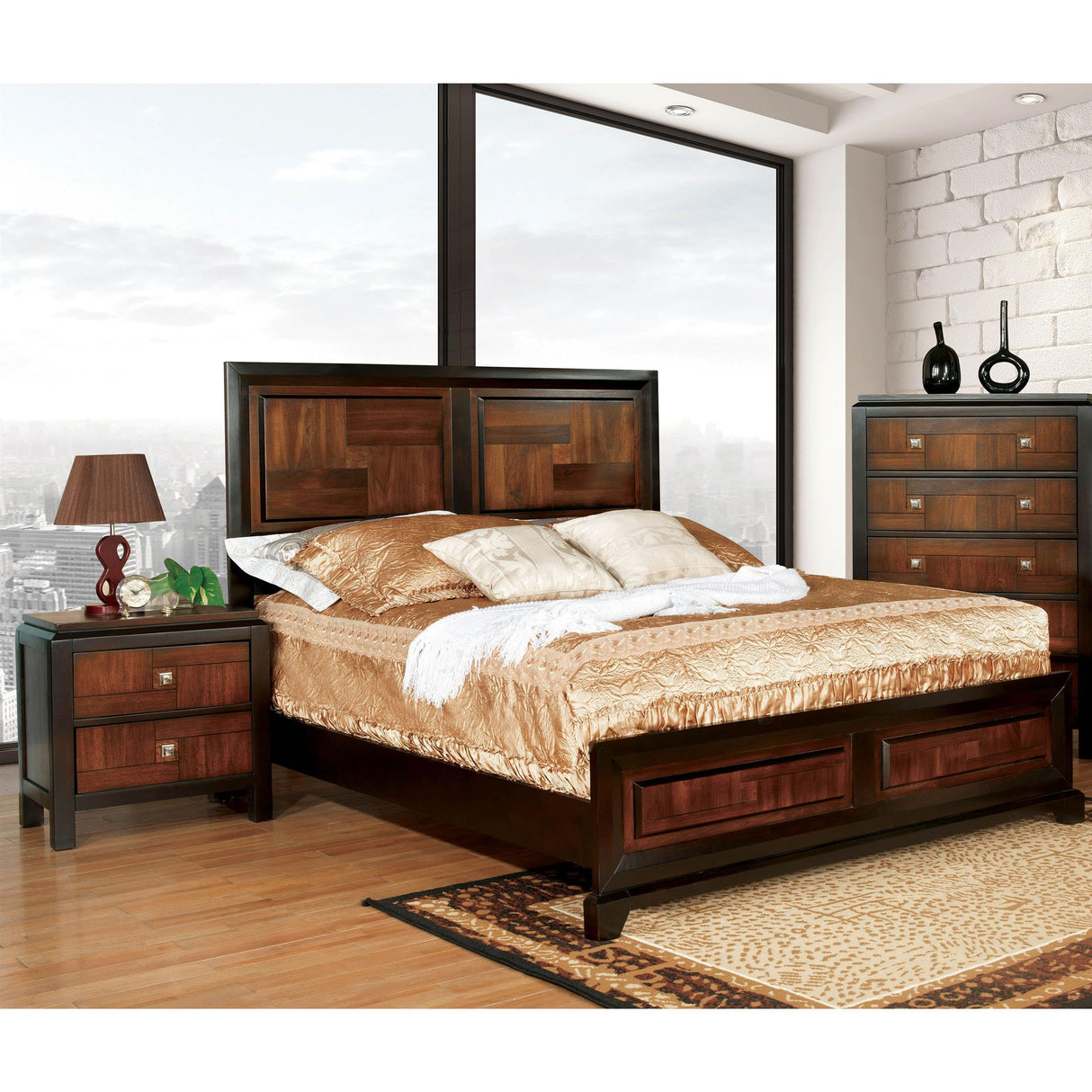 FOA Delia 2pc Walnut Transitional Wood Panel Bedroom Set - Full + Nightstand