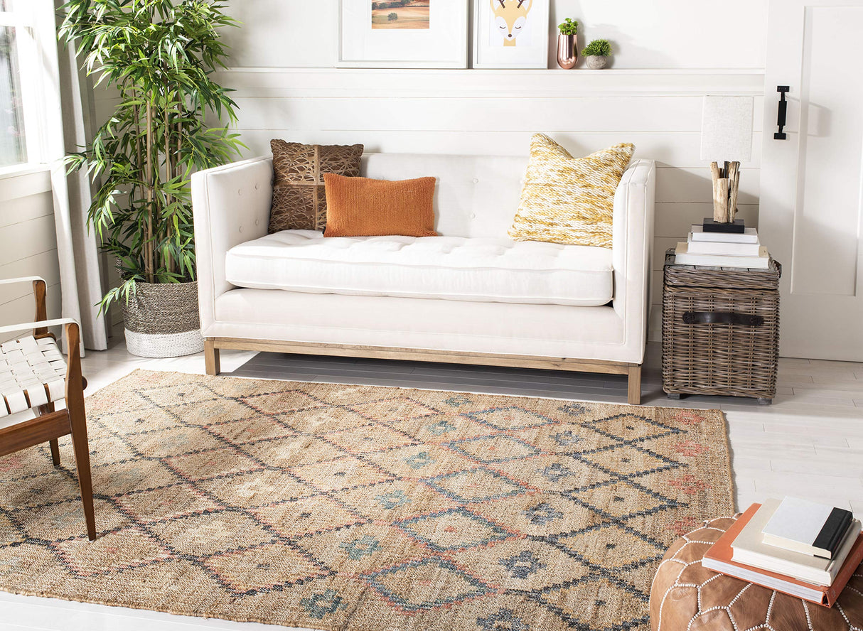 SAFAVIEH Kilim Collection 7' Square Natural/Blue KLM753A Handmade Moroccan Boho Jute & Cotton Area Rug