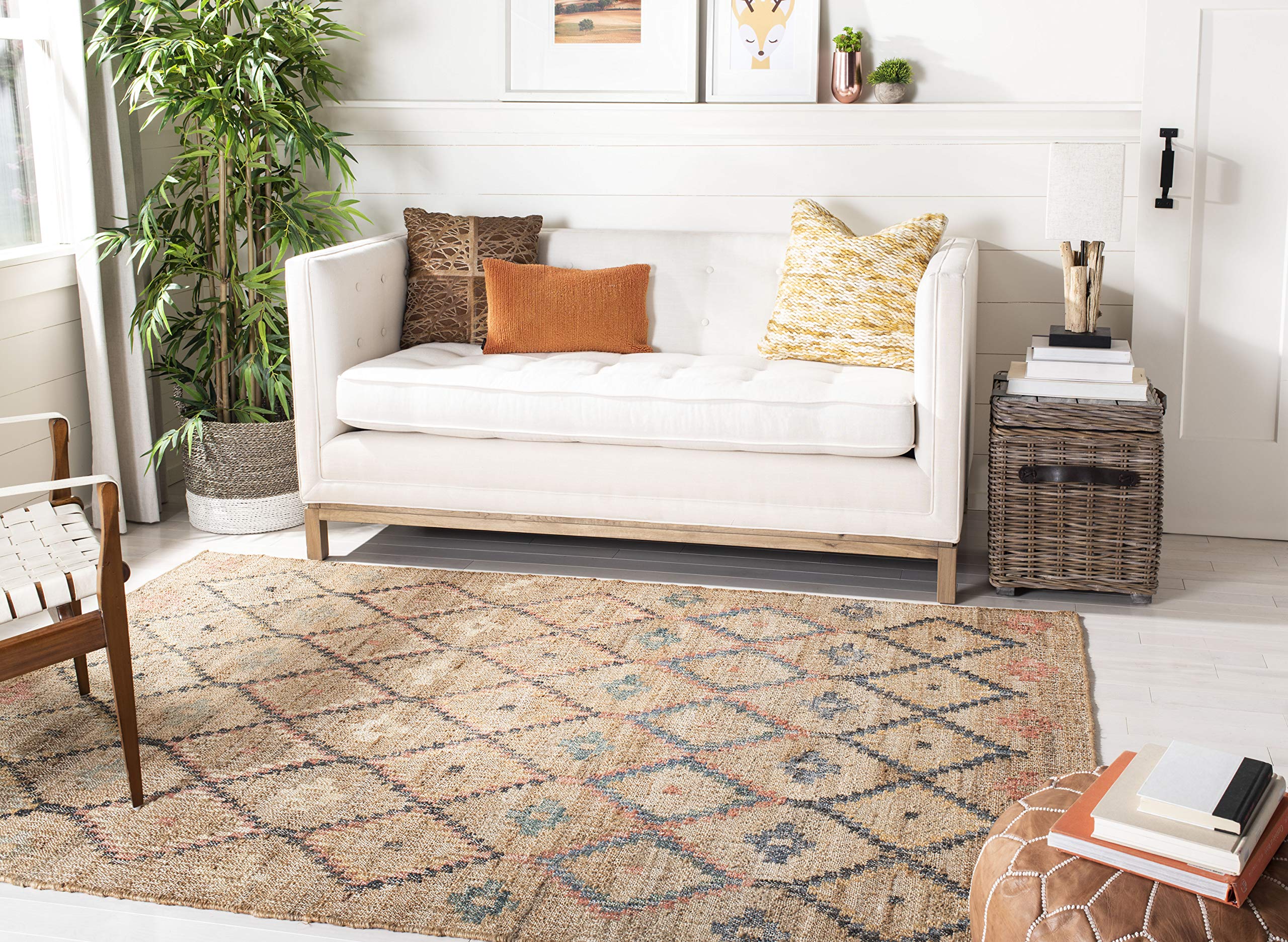 SAFAVIEH Kilim Collection 7' Square Natural/Blue KLM753A Handmade Moroccan Boho Jute & Cotton Area Rug