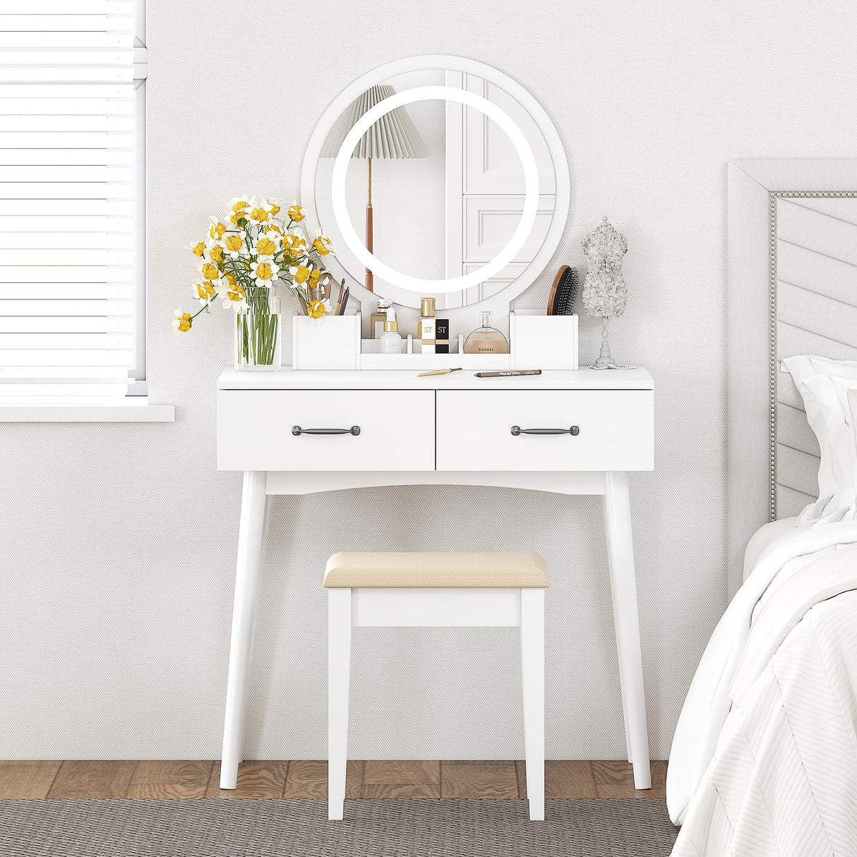 Makeup Vanity Desk with Round Mirror and Lights,White Vanity Makeup Table