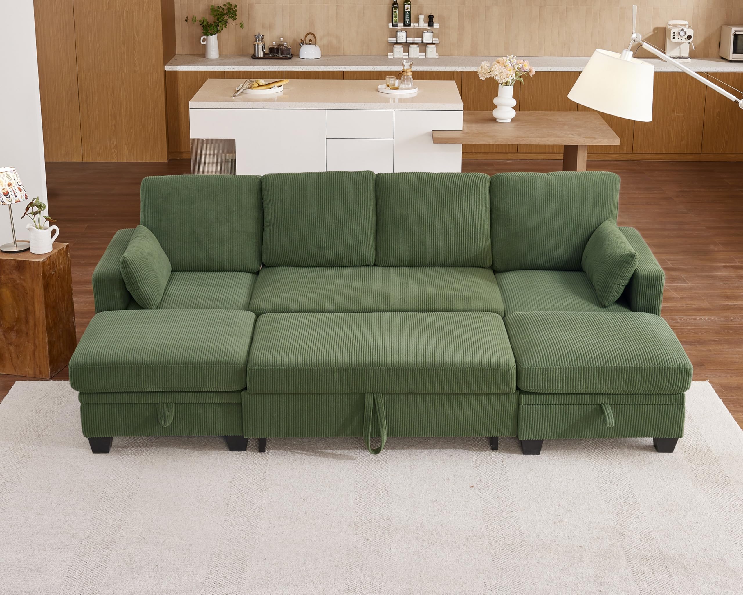 Modular Sofa with Pull Out Bed, Corduroy Sectional Convertible U-Shaped Sleeper