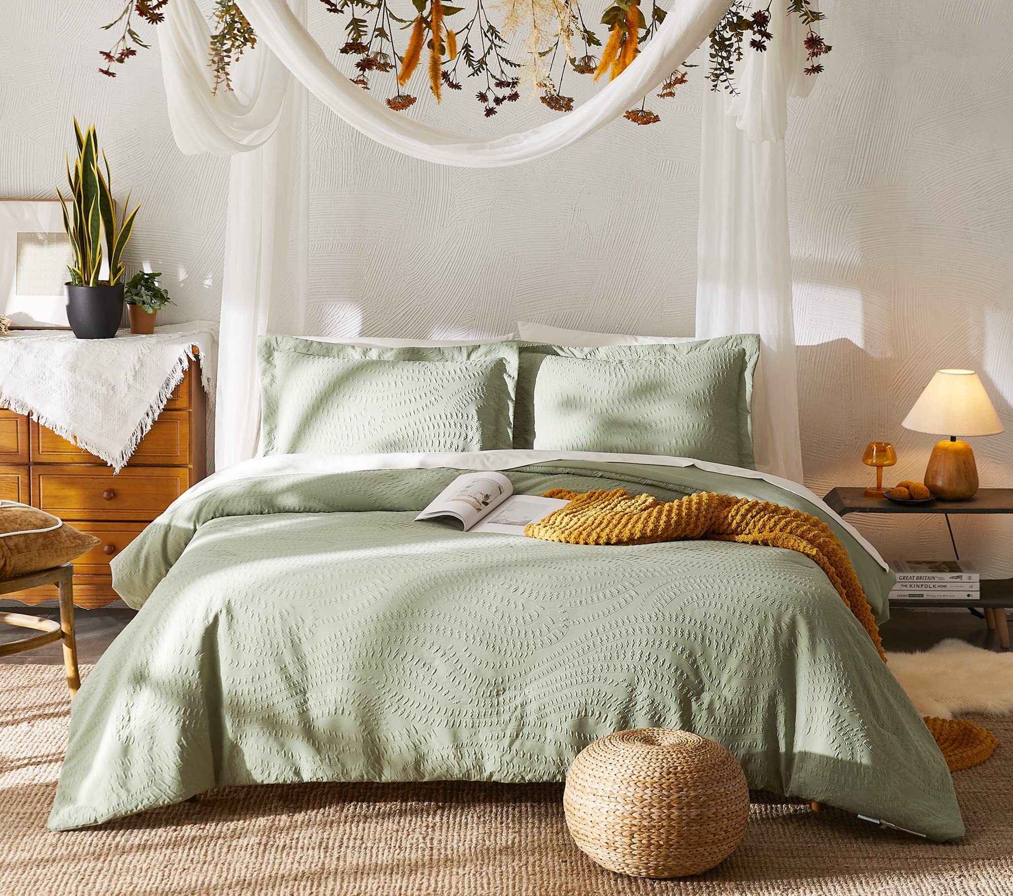 Twin Comforter Set, Bed in a Bag Sage Green 5-Pieces, Botanical Pattern