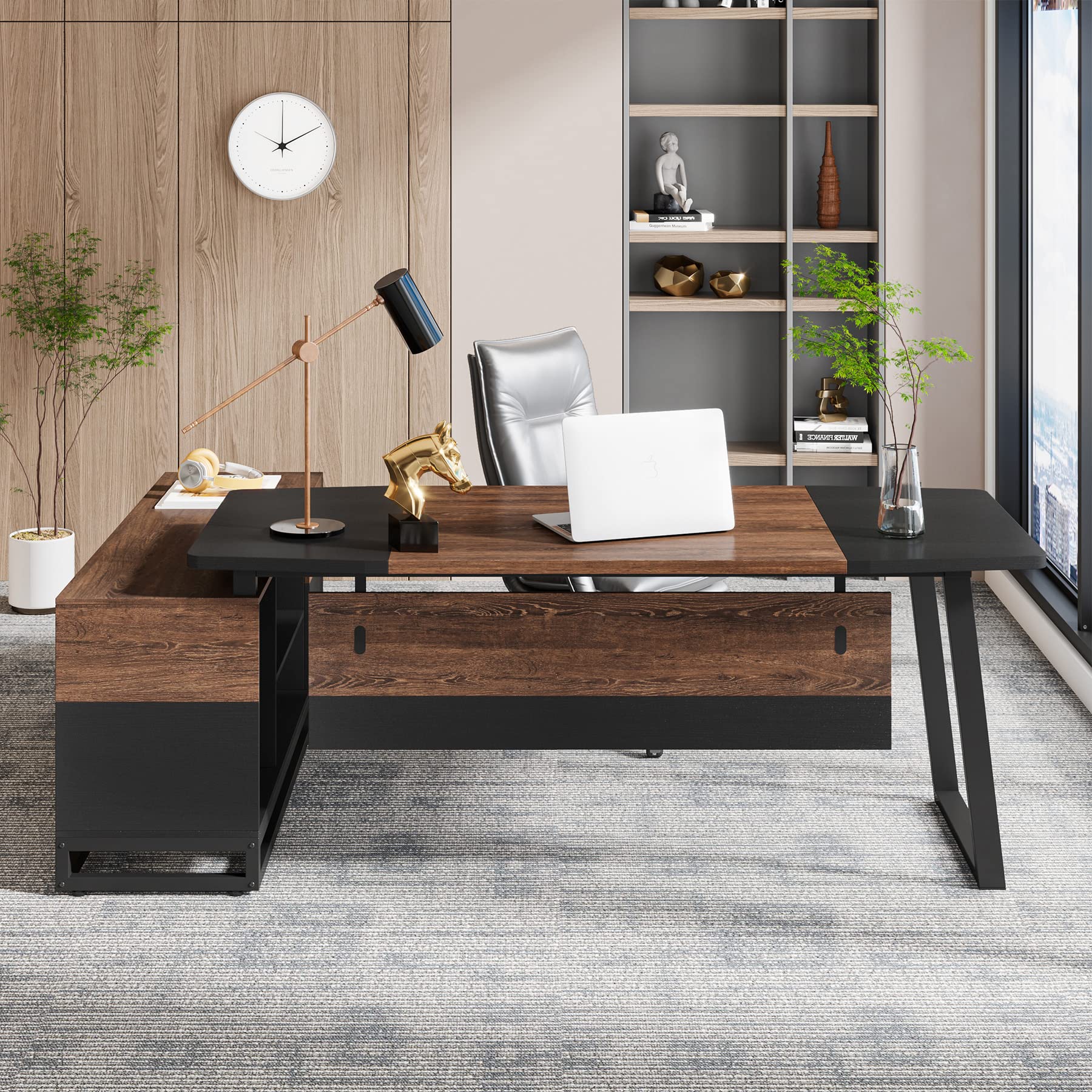 74.8” Executive Desk and 55” Lateral File Cabinet, Large L-Shaped Computer Desk