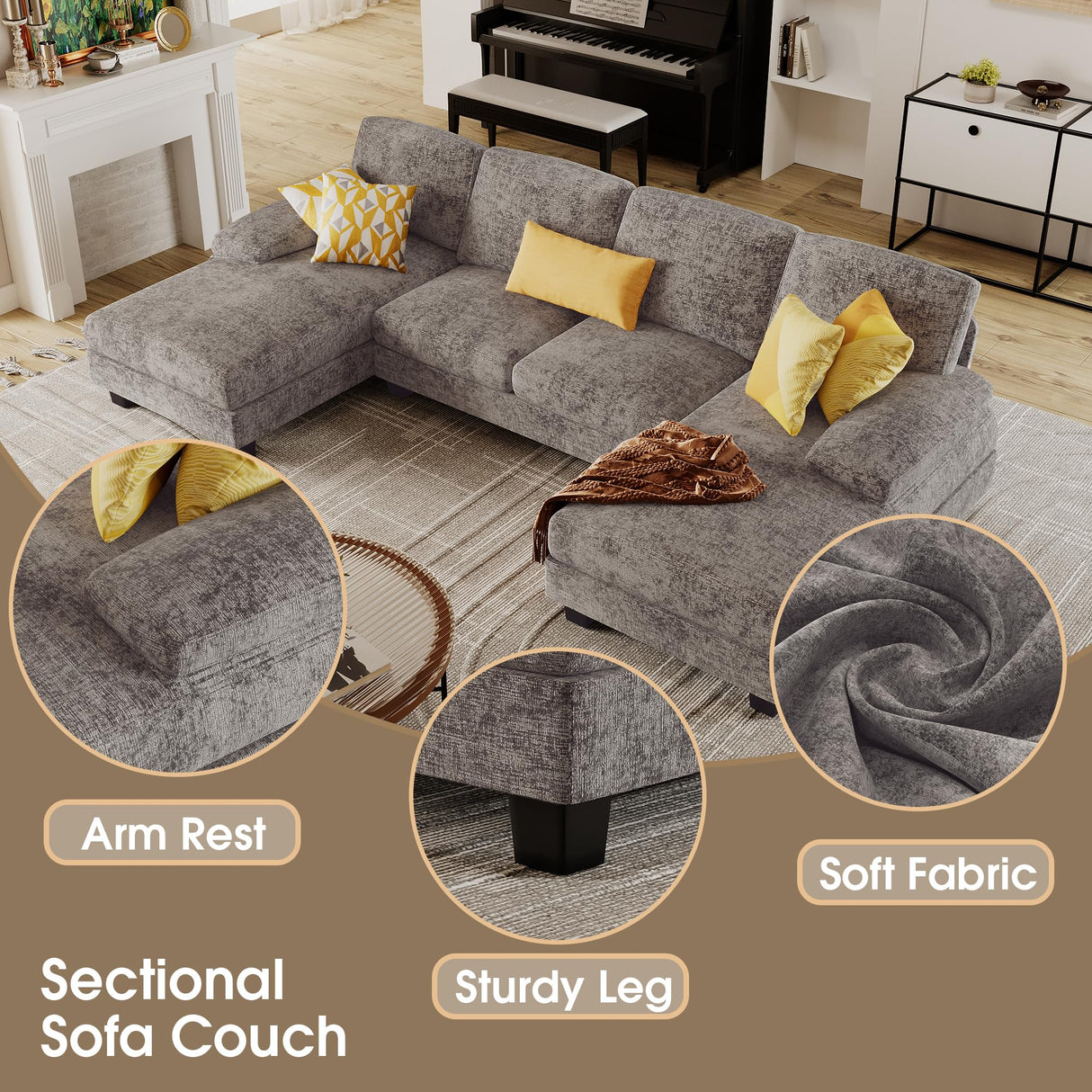 Furmax Sectional Couches for Living Room, U-Shaped Sofa Couch with Linen Fabric, 4 Seat Sofa Set with Double Chaise for Apartment (Fabric, Grey)