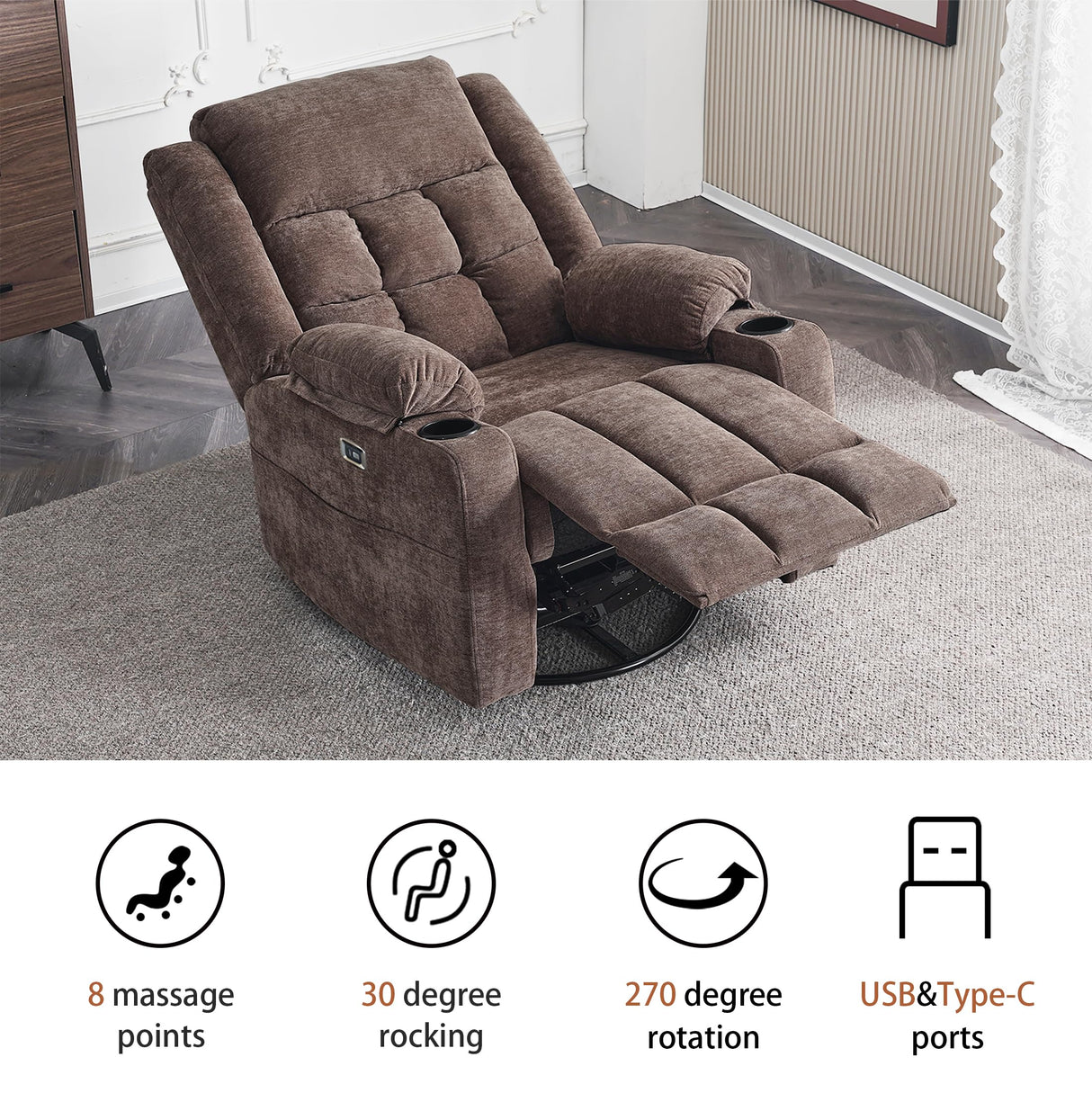 Ketaiyou Power Swivel Rocker Recliner Massage Chair, USB and Type-C Ports, Electric Recliner Glider Reading Chairs Living Room, Upholstered Soft Fabric Reclining Sofa Chair (Fabric Coffee)