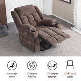 Ketaiyou Power Swivel Rocker Recliner Massage Chair, USB and Type-C Ports, Electric Recliner Glider Reading Chairs Living Room, Upholstered Soft Fabric Reclining Sofa Chair (Fabric Coffee)
