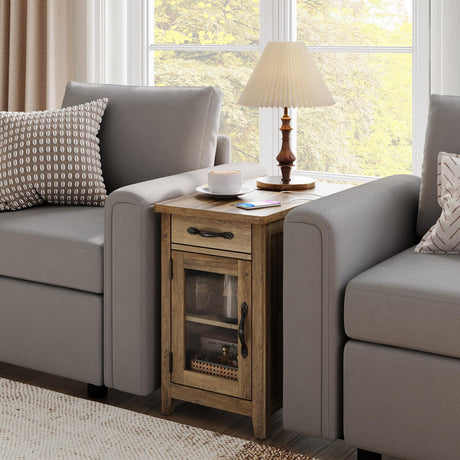 Farmhouse End Table with Charging Station, Narrow Side Table for Living Room