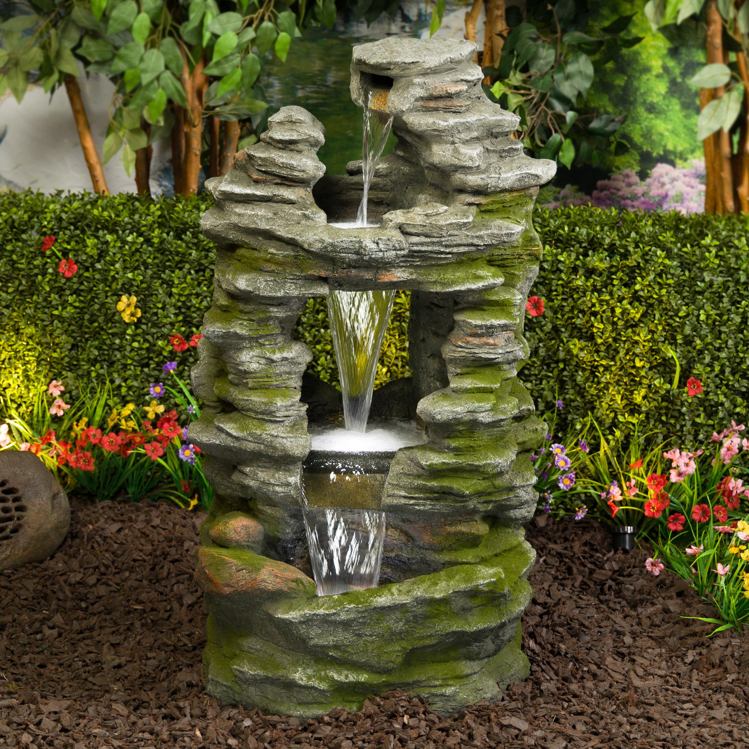 WIN1648 39" Stacked Stone Rainforest Fountain with Cool White LED Lights – Cascading Waterfall Feature