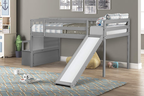 twin Loft Bed with Slide and Stairs, Solid Wood Kids Loft Bed with Full-Length Safety