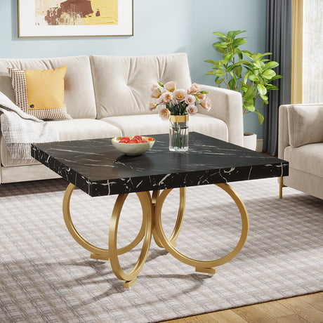 Modern Black Square Coffee Table with Gold Geometric Frame