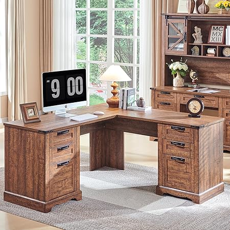 60" Farmhouse L Shaped Executive Desk with Drawers, Wood Home Office