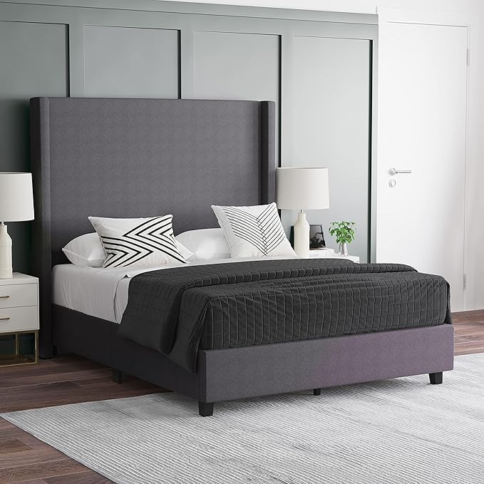 Nora Wingback Platform Bed - Beige Faux Linen Upholstery - Durable Engineered