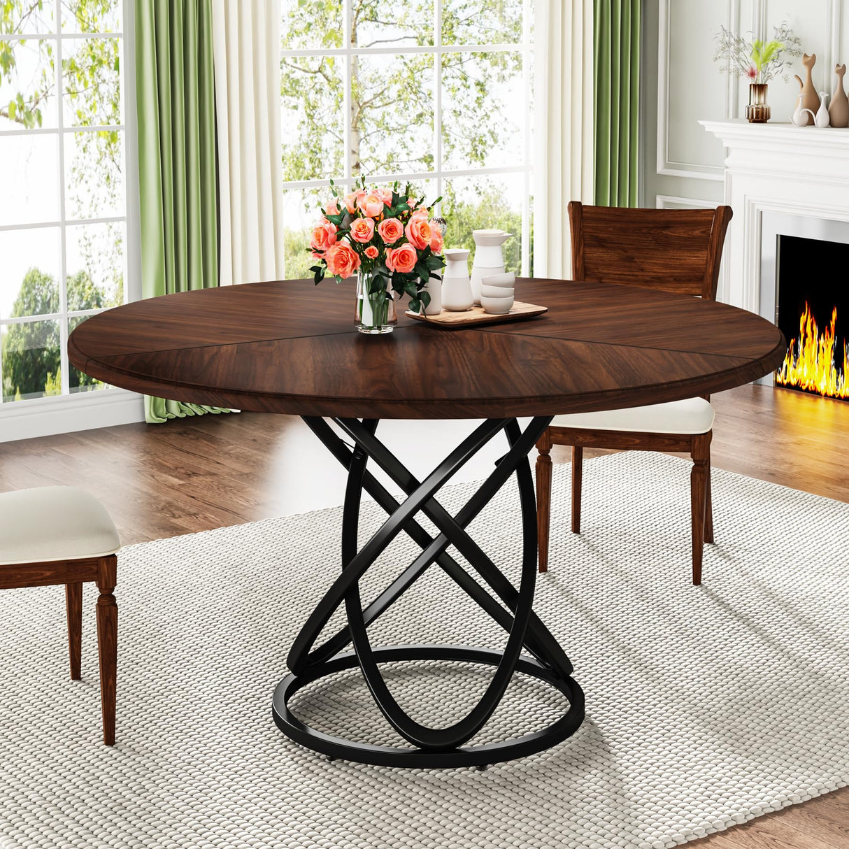 Round Dining Table for 4, 47 Inch Dinner Table Circle Kitchen Table with Metal Base,