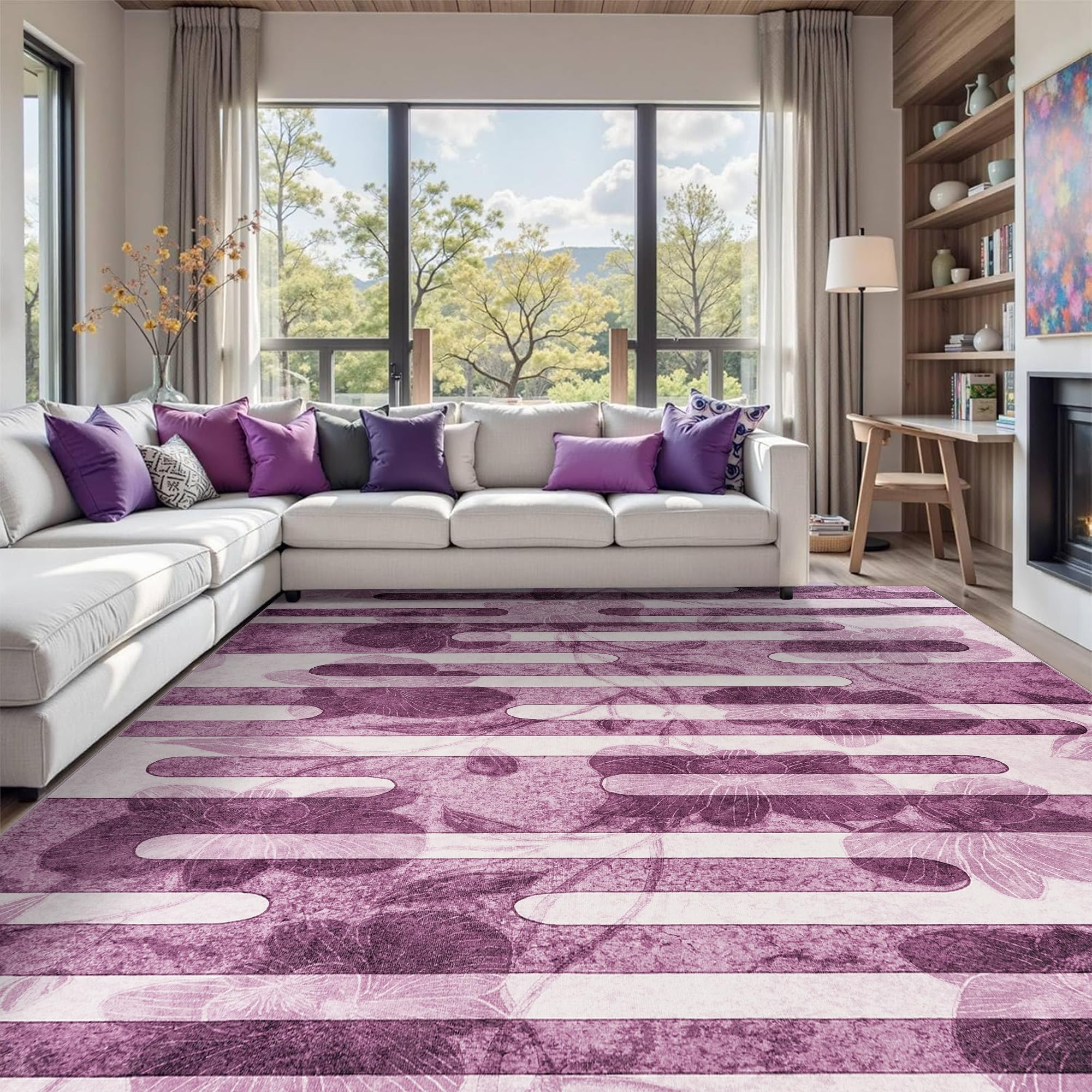 DSKOGYEM Abstract Modern Area Rug, Washable 10x14 Area Rugs with Non-Slip Backing, Ultra Thin Soft Wave Striped Rug for Living Room, Bedroom, Dining Room, Nursery (Purple/White)