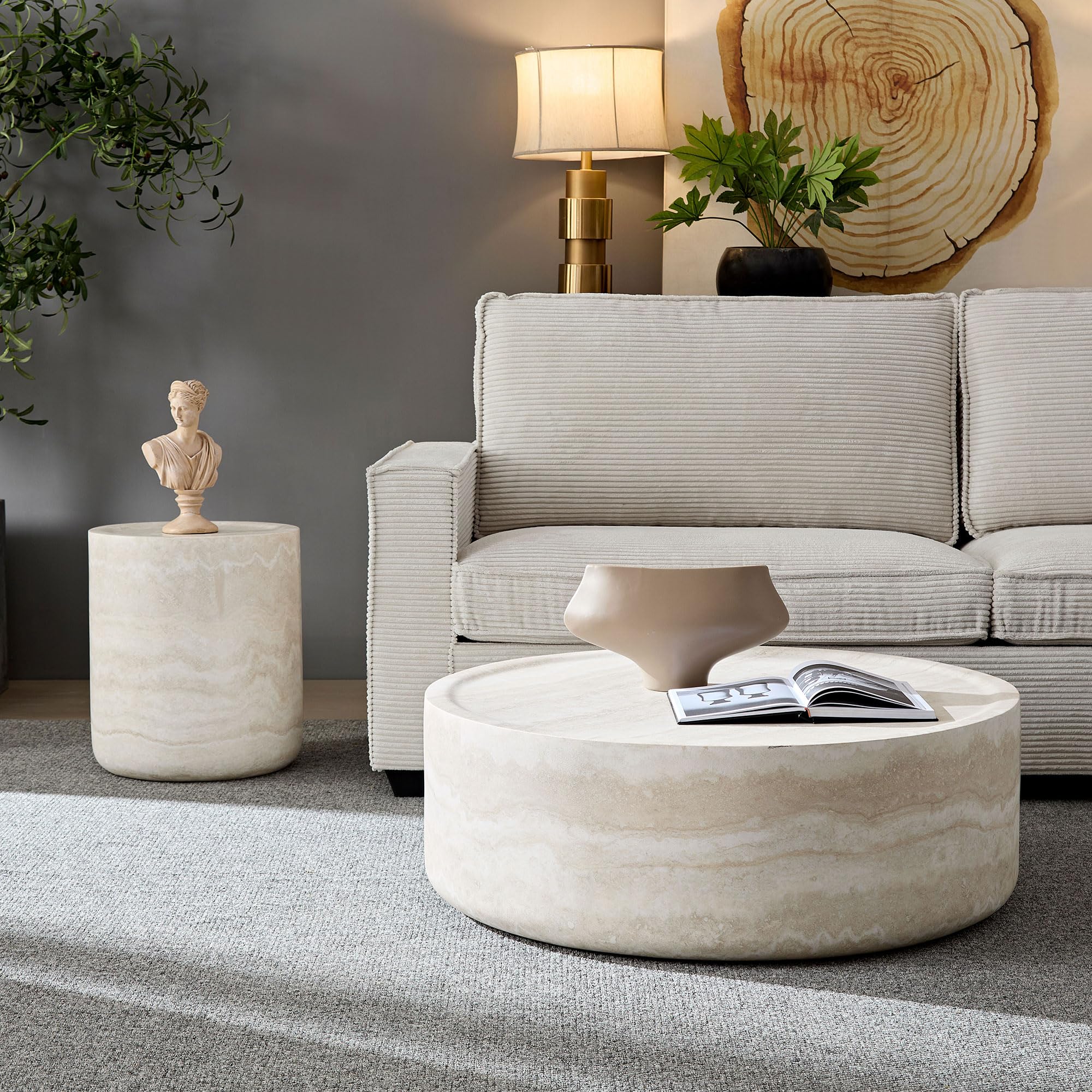 HanStrong Small Round Coffee Table 15.74" Side Table Marble Pattern Drum Shaped End Table Fiberglass Cocktail Table for Living Room Bedroom Office