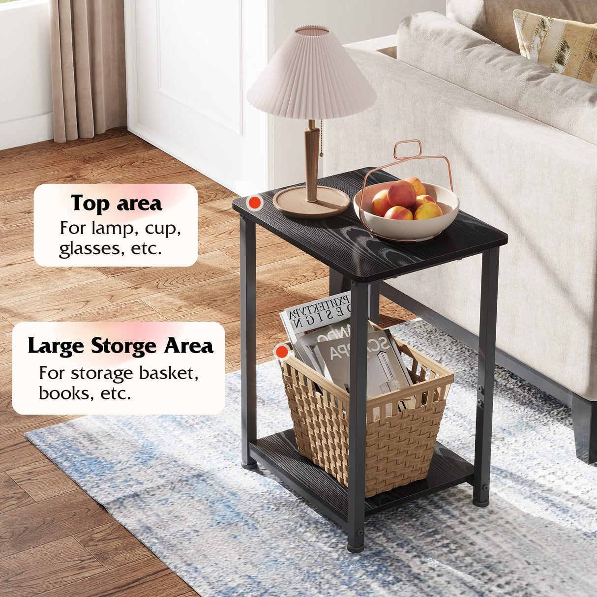 Black End Table, 2-Tier Small Side Table for Living Room, Bedroom, Small End Tables