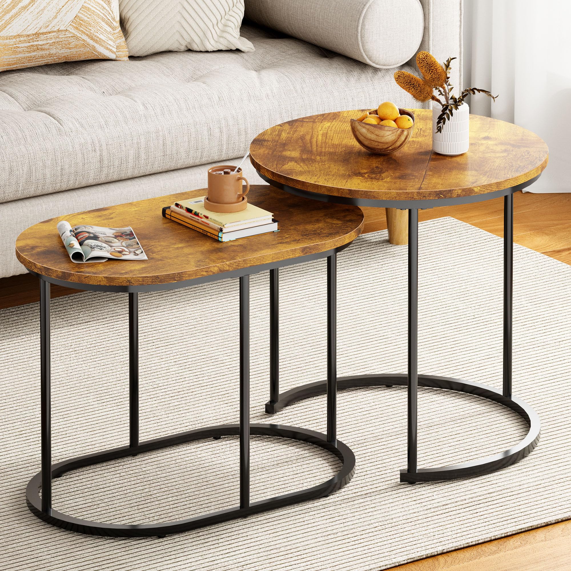 2 Piece Round Side Table Coffee Table Accent Table, Faux Marble Round Nesting Table