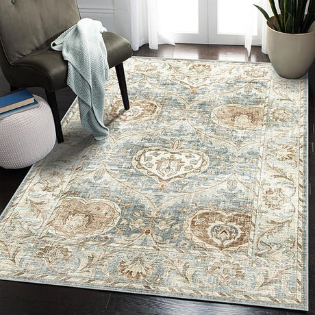 8'x10' Machine Washable Vintage Design Area Rug - Non Slip, Stain Resistant for Home, Office, Machine Washable Area Rugs 8x10, 8x10 Area Rugs for Living Room (Grey Beige 8x10)…