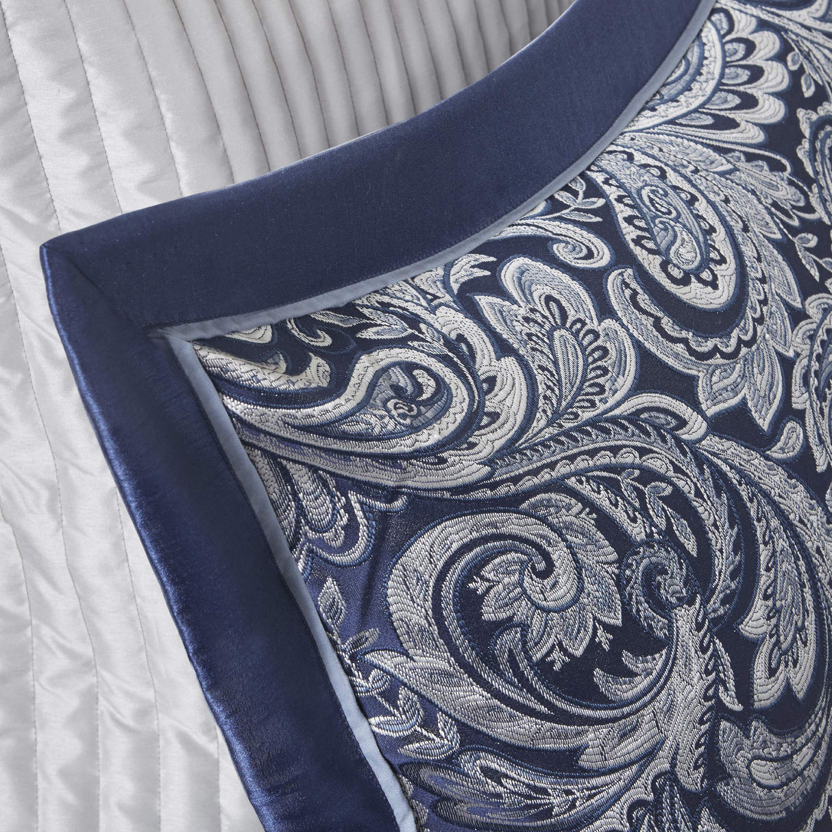 Madison Park Aubrey Cozy Comforter Set, Faux Silk Jacquard Paisley Design - All Season Down Alternative Bedding with Cotton Bed Sheets, Bed Skirt & Toss Pillows, Queen Navy 12 Piece