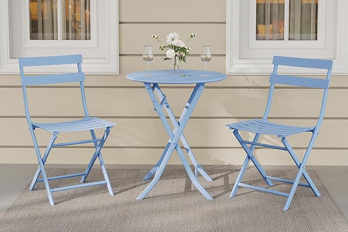 3-Piece Patio Bistro Sets, Outdoor Space-Saving Folding Bistro Table and Chairs, Patio Furniture Set with Strong Round Tube Metal Frame, Weather Resistant Conversation Set for Yard Garden, Green