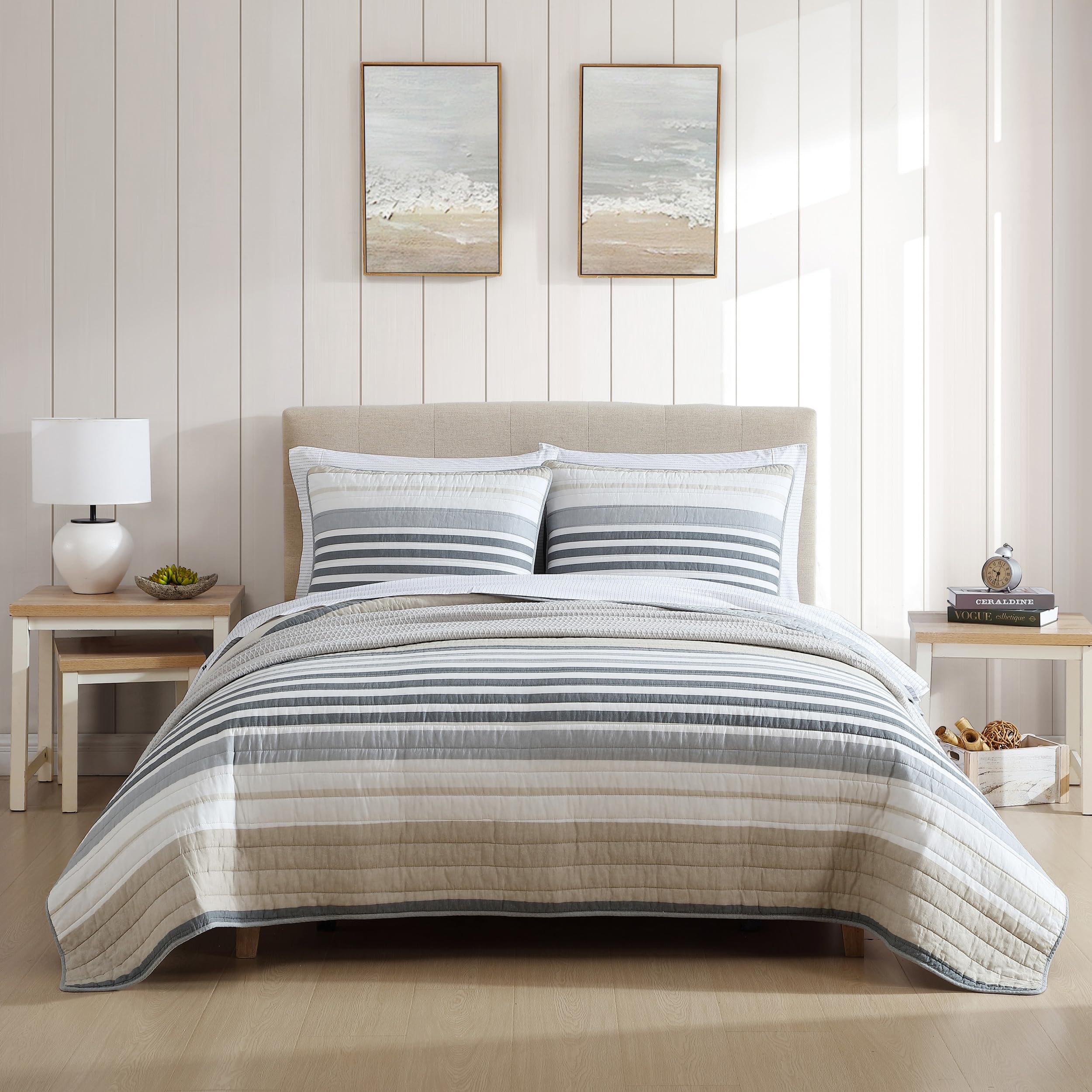Dover Beige Queen Quilt Set - Reversible Cotton Bedding with Matching Shams
