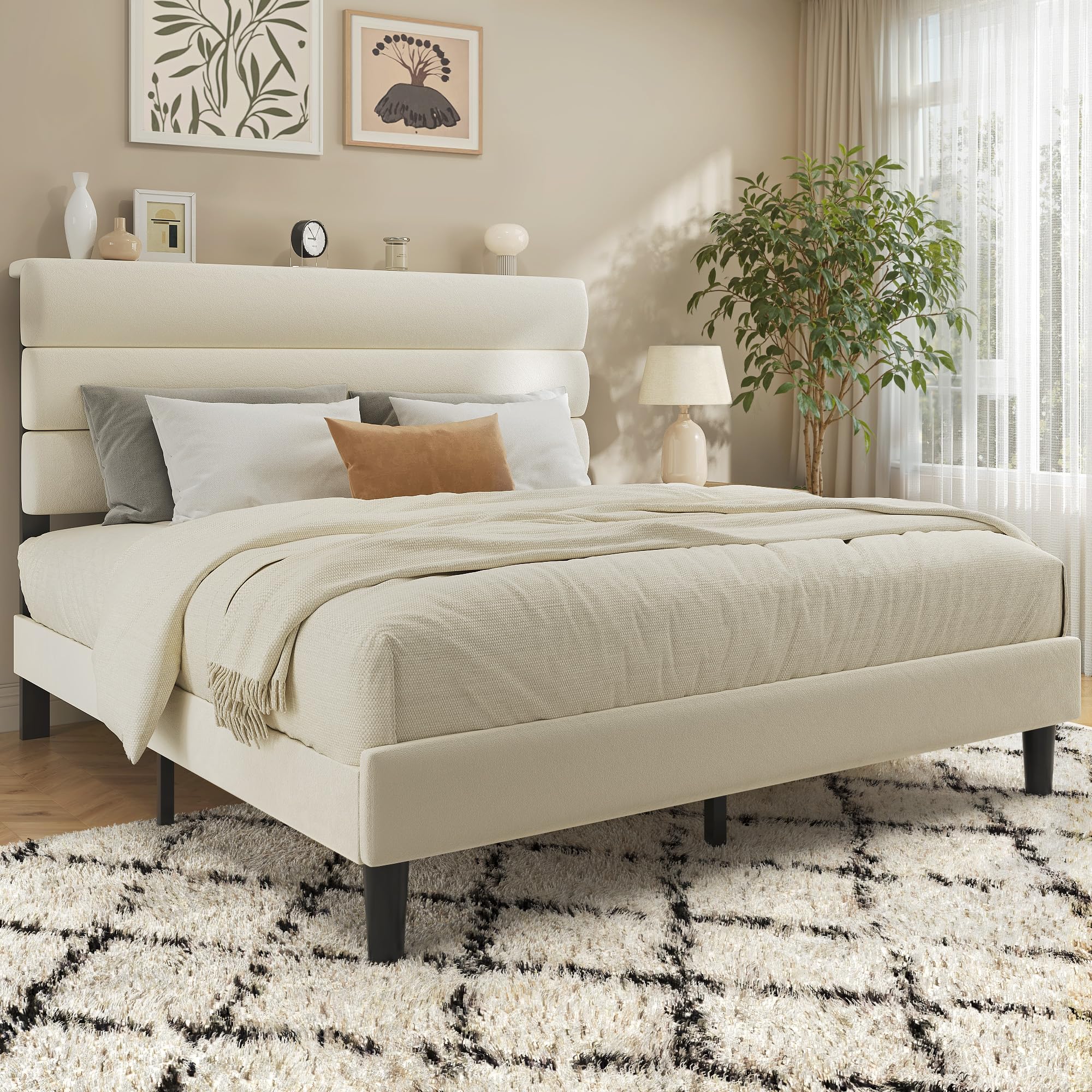 Queen Bed Frame with Velvet Upholstered Headboard