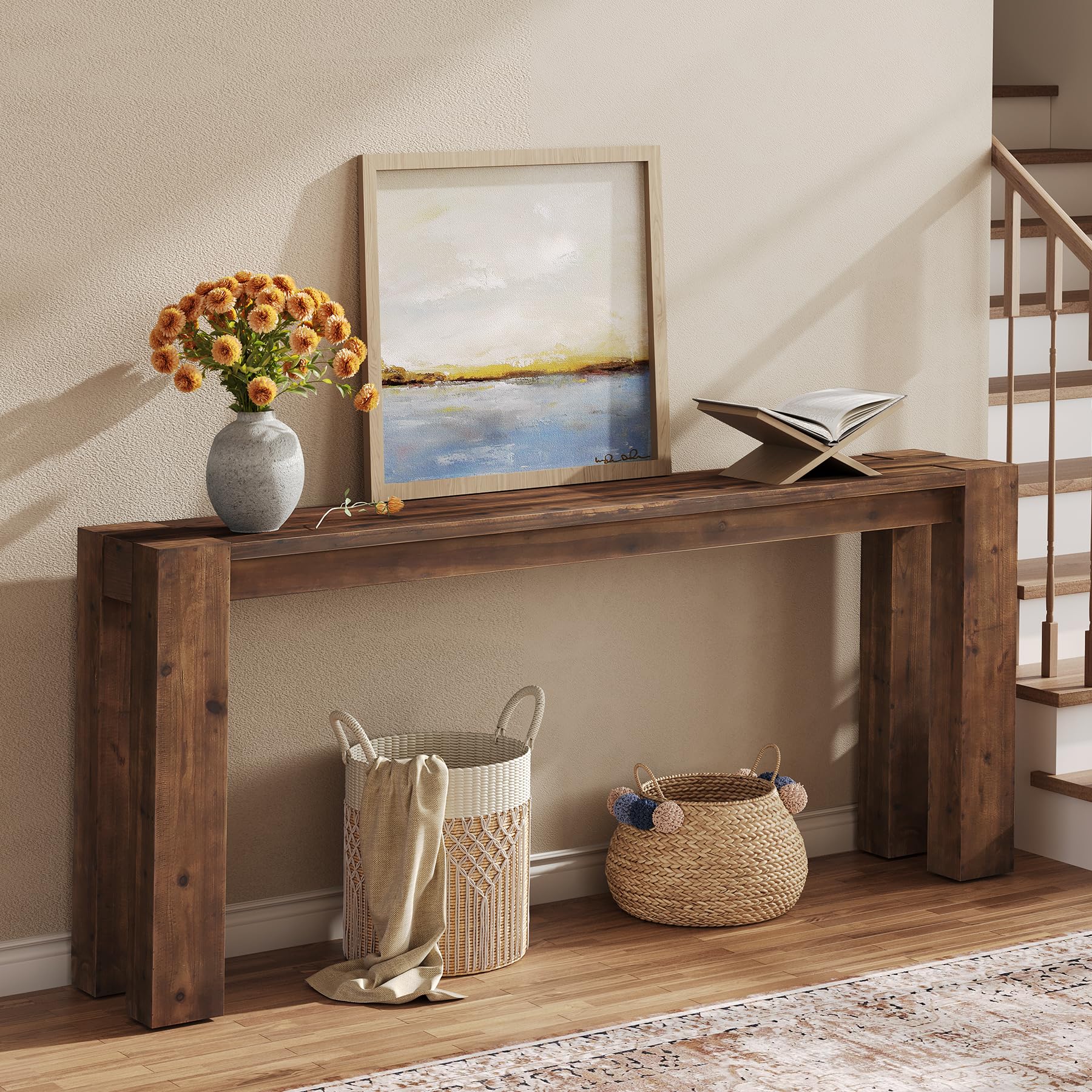 70.9-Inch Solid Wood Console Table - Rustic Brown Farmhouse Entryway Table