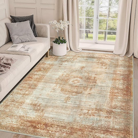 Living Room Area Rug - 9x12 Large Machine Washable Boho Moroccan Distressed Farmhouse Rugs