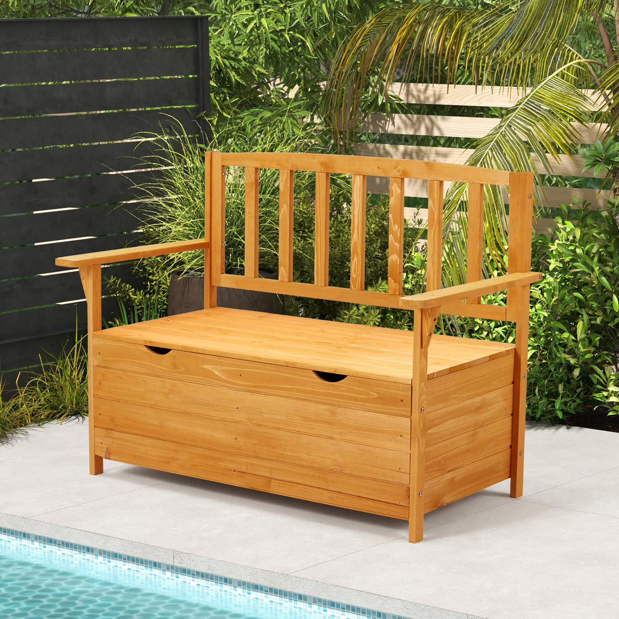 Outdoor Wooden Storage Bench, Patio Storage Box with Portable Handle & Seating, Deck