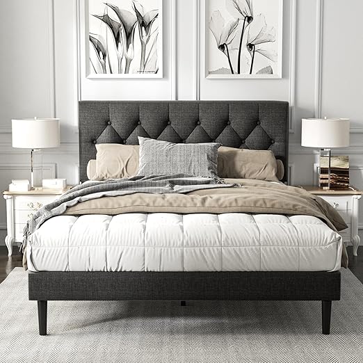 HAOARA Queen Size Platform Bed Frame with Upholstered Button Tufted Headboard, Mattress Foundation with Wooden Slat Support, Noise Free, No Box Spring Needed, Easy Assembly, Light Grey