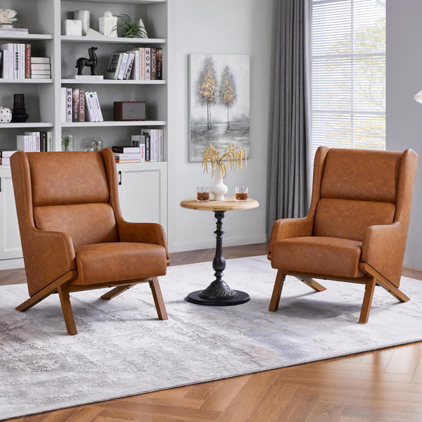 Yaheetech Accent Chairs Set of 2, Living Room Chairs, Faux Leather Armchairs Thick Seat Cushion, Oversized Recliner Chair High Backrest for Bedroom Office Reception Room Reading Nook, Brown