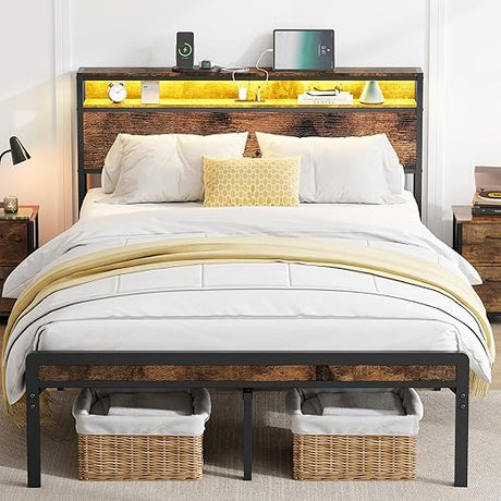 Queen Size Bed Frame with LED Light and Charging Station, 2 Tier Storage Headboard,