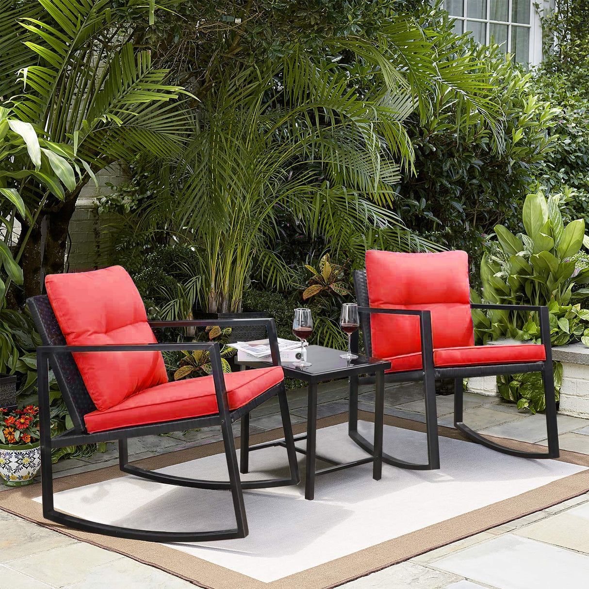 3 Pieces Rocking Wicker Bistro Set, Patio Outdoor Furniture Conversation Sets