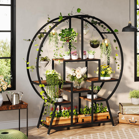 7-Tier Round Indoor Plant Stand, 65" Large Tall Plant Shelf with 6 S Hanging Hooks