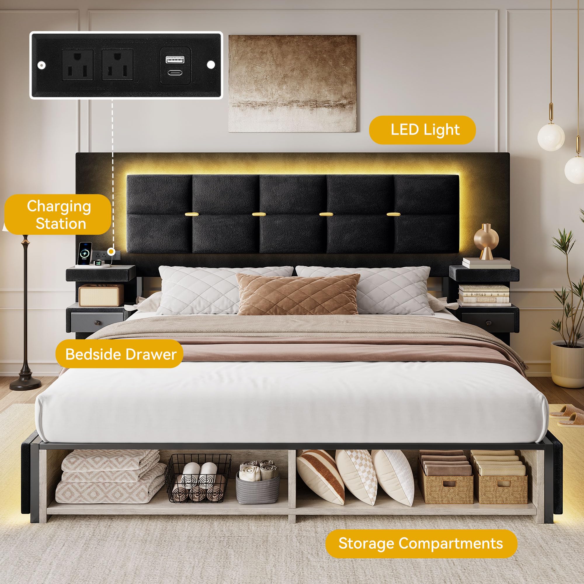 Queen Bed Frame with LED Lights and Charging Station