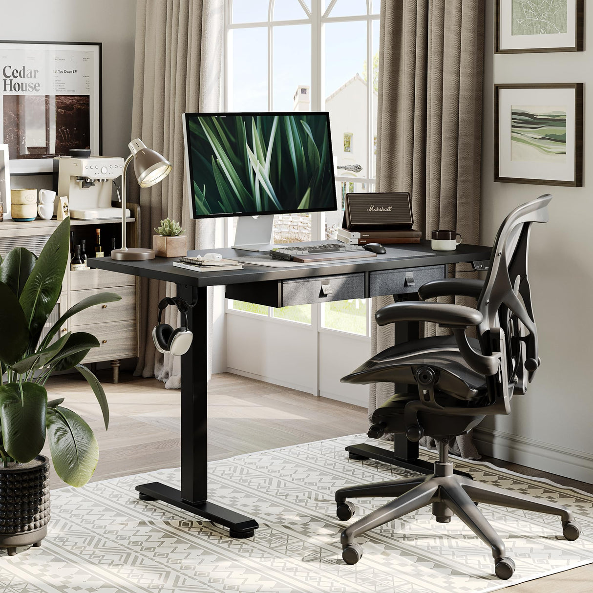 Standing Desk with 2 Drawers, Adjustable Height Electric Desk with Storage, 55 x 24 Inches Sit Stand Up Computer Table, Black