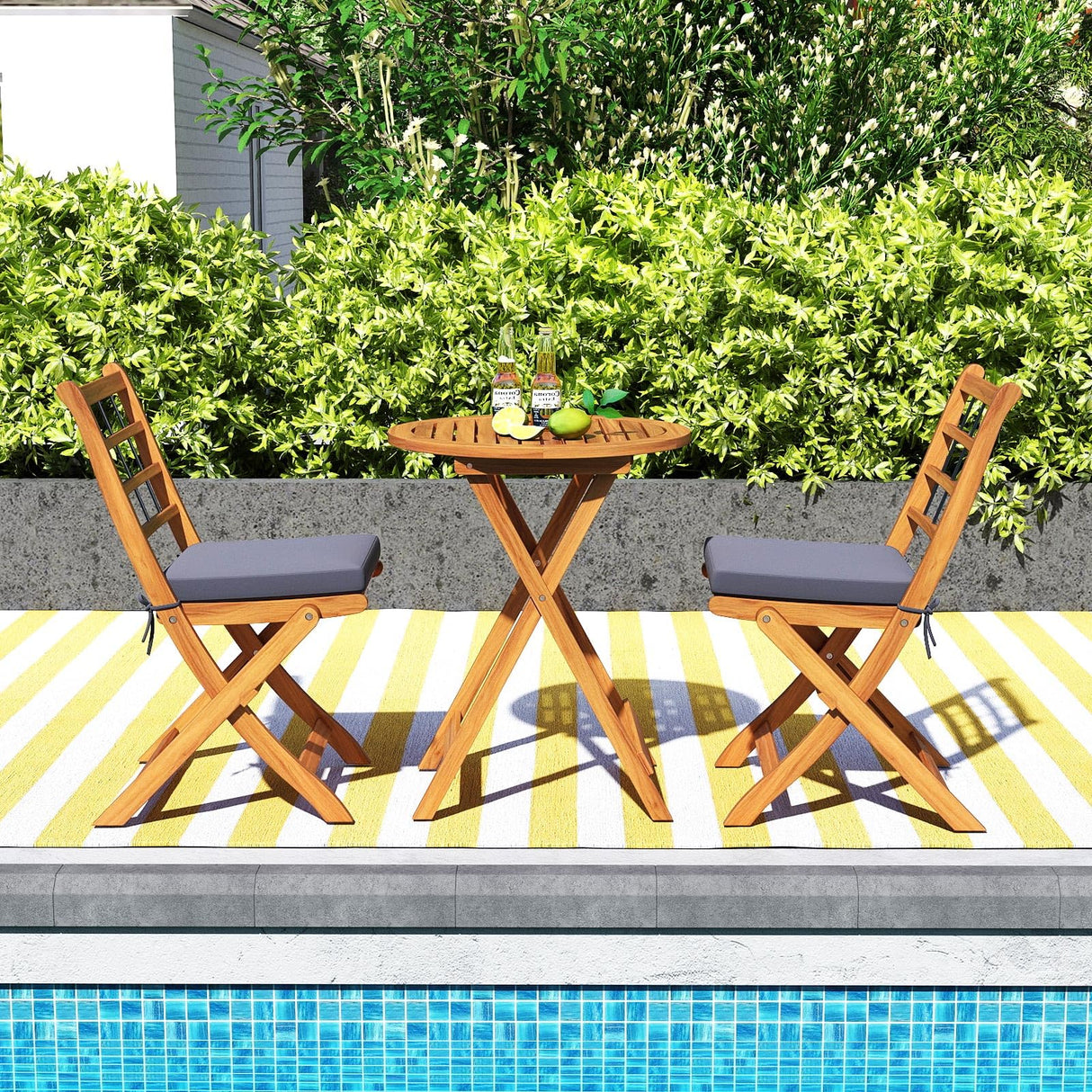 3 Piece Patio Wood Bistro Set, Folding Table Chair Set w/Soft Seat Cushions