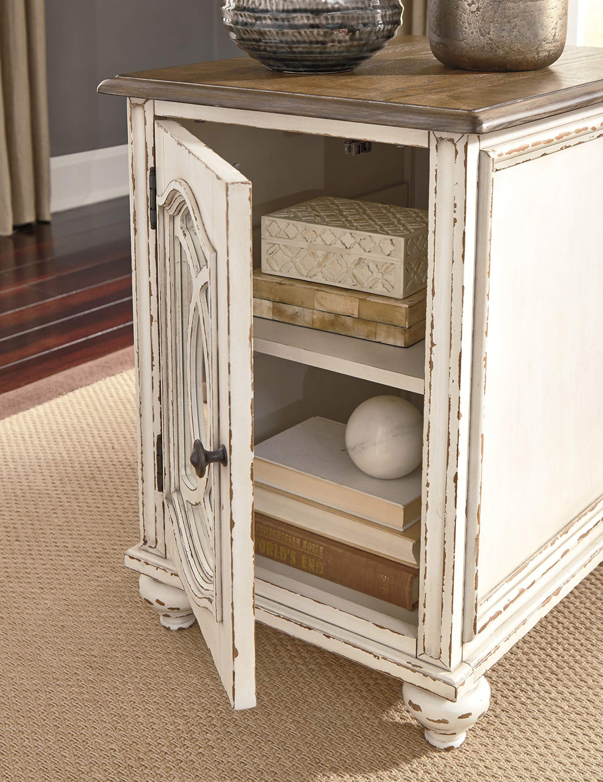 Realyn Farmhouse Chair Side End Table with Cabinet For Storage, Antique White & Brown