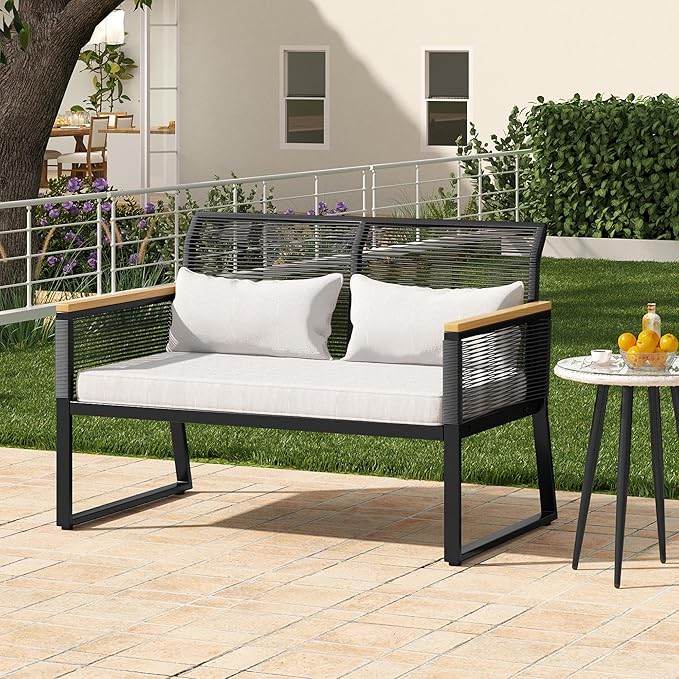 Patio Loveseat All-Weather Wicker Loveseat with Wooden Armrest