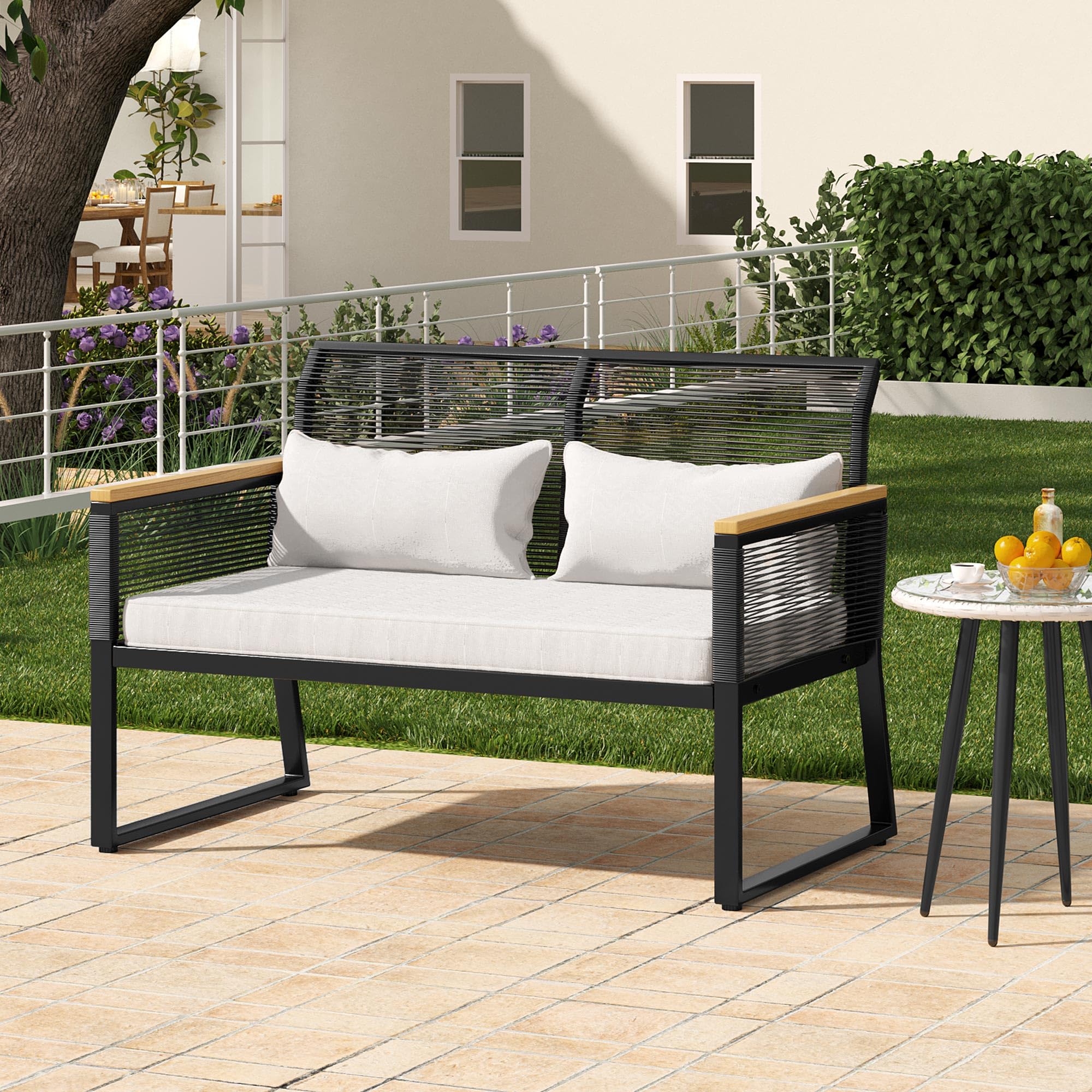 Patio Loveseat All-Weather Wicker Loveseat with Wooden Armrest