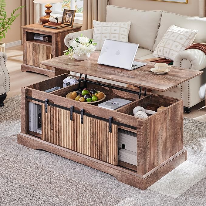 46" Fluted Lift Top Coffee Table with Sliding Door, Modern Center Table w/Adjustable