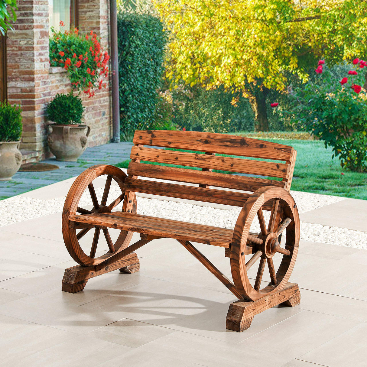 Wooden Wagon Wheel Bench 2-Person Outdoor Rustic Chair Country Yard with Backrest